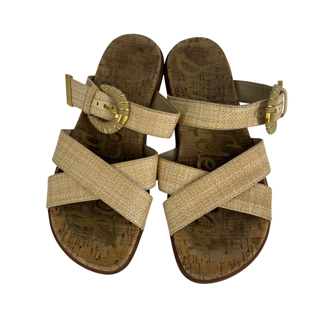 Sam Edelman Lucy 2 Raffia Cork Slide Sandals Tan Gold Buckle Womens 8.5 M